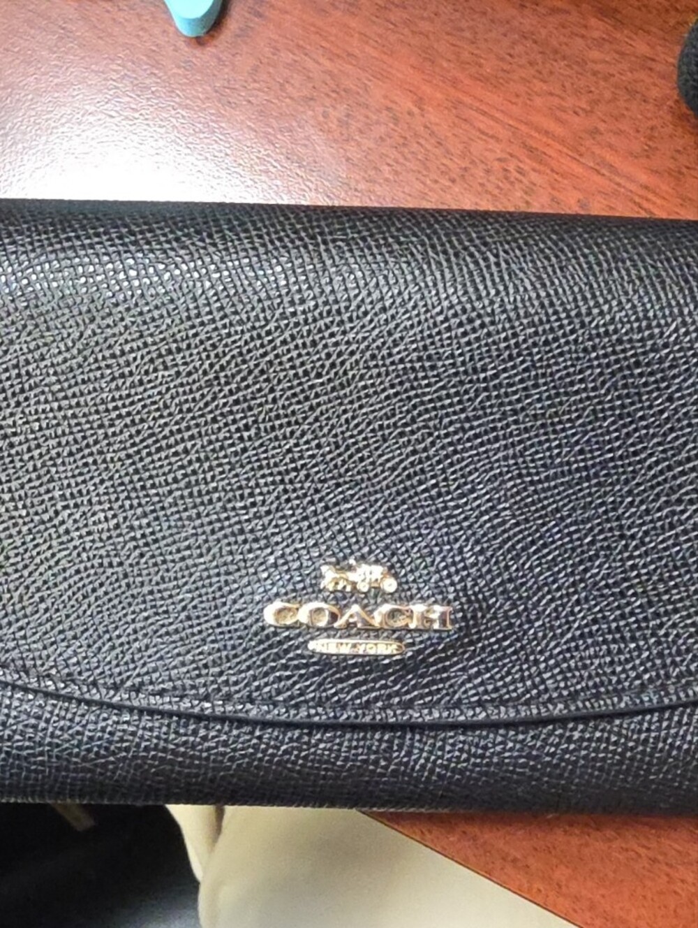 Coach Black Pebbled Leather Continental Wallet with Gold Logo